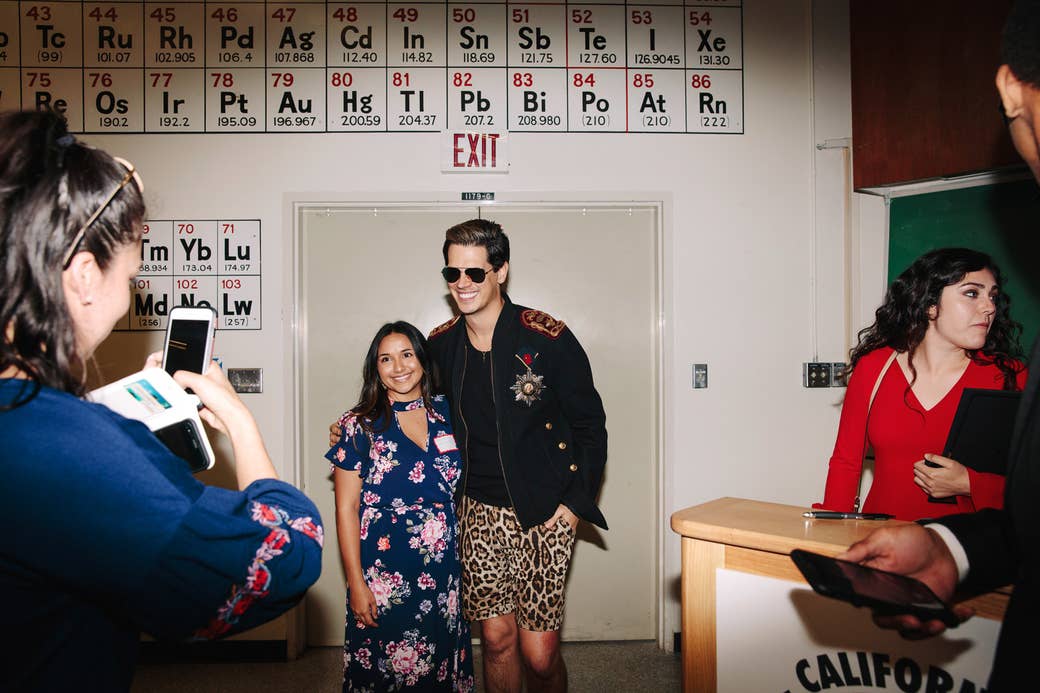 Milo Yiannopoulos poses for photos with students at the California College Republicans Convention at the University of California, Santa Barbara, on April 7, 2018.