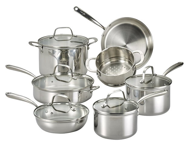 A 12-piece set of stainless-steel cookware for toughing it out in the dishwasher and oven for major kitchen multitasking.