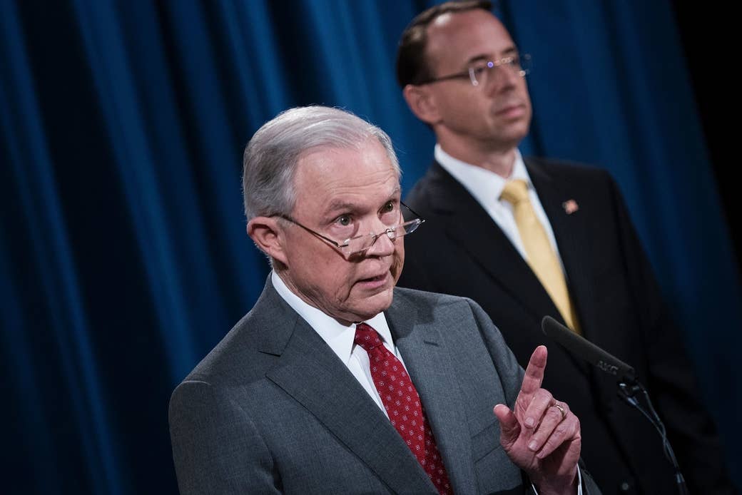 Attorney General Jeff Sessions, with Deputy Attorney General Rod Rosenstein, vows to crack down on government leaks at an August 2017 press briefing.