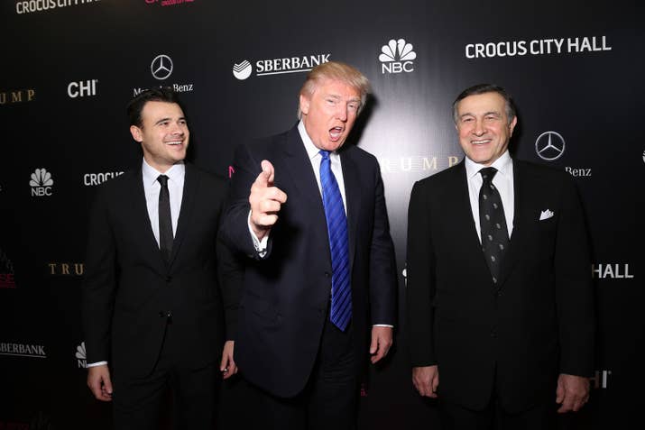Emin Agalarov, Donald Trump, and Aras Agalarov attend the red carpet at Miss Universe Pageant Competition 2013 on November 9, 2013 in Moscow, Russia.