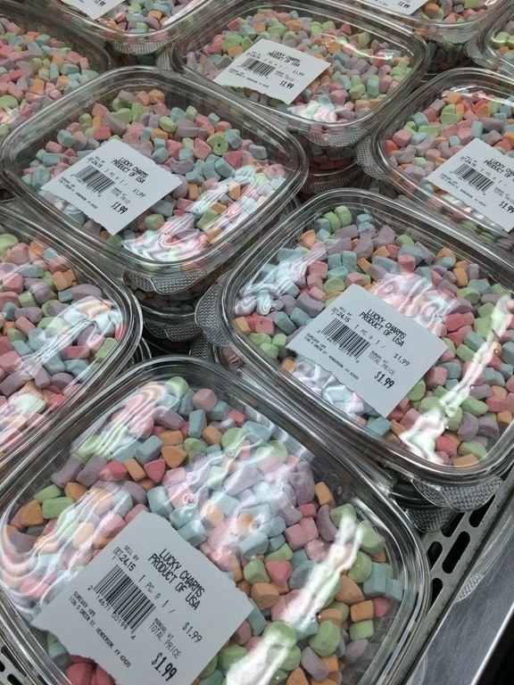 Tubs of Lucky Charms marshmallows for sale
