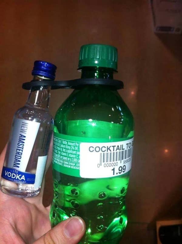 A bottle of Sprite bound with a mini bottle of vodka for $1.99