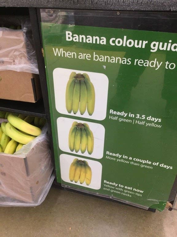 A banana color guide in a produce section