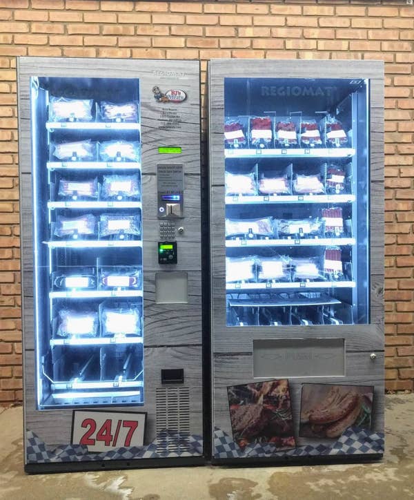 An outdoor meat vending machine
