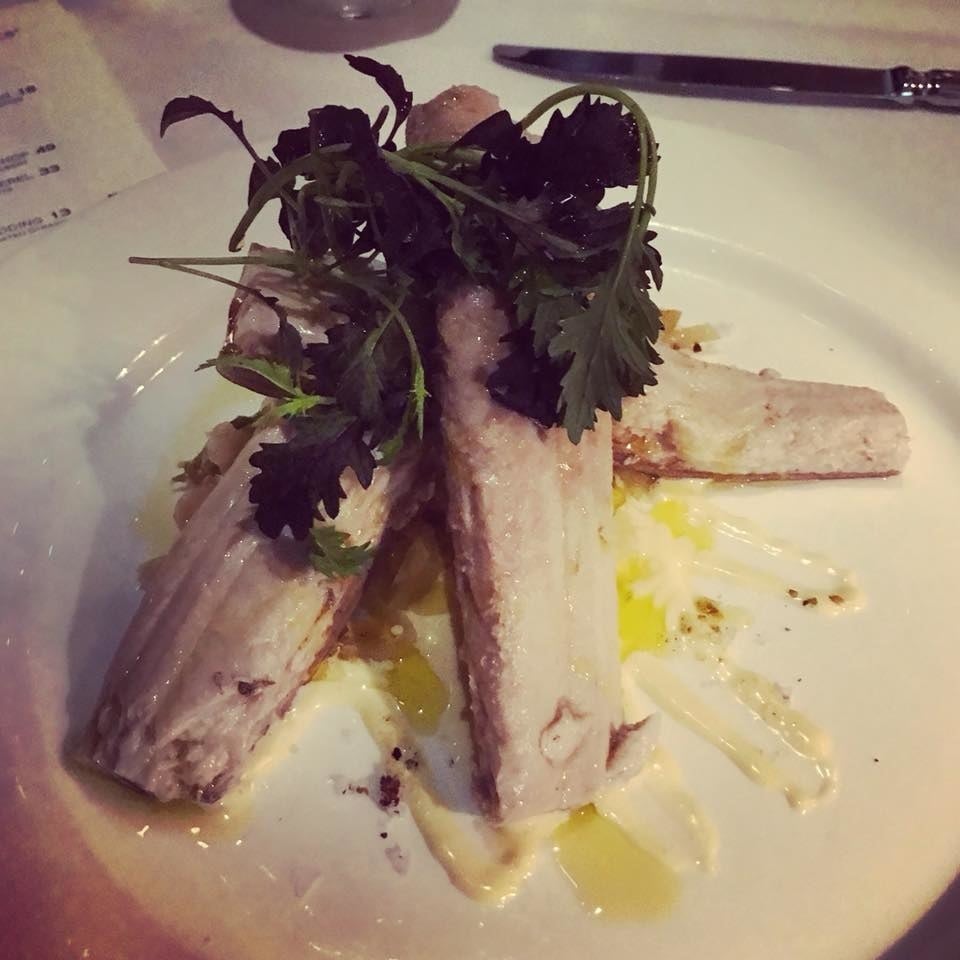 Don't be alarmed by the temperature of this dish. The cold poached mackerel is extremely tender, and prepared with a drizzle of olive oil and pickled celery hearts.