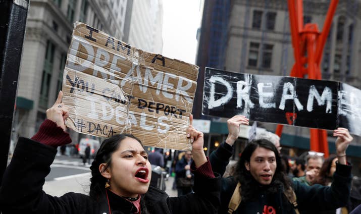 Activists and DACA recipients march up Broadway in Manhattan on February 15, 2018.