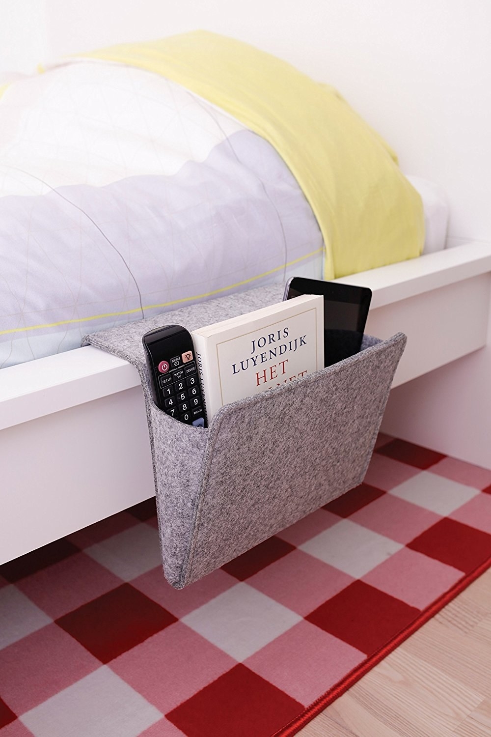 grey pocket hooked bed frame and under mattress