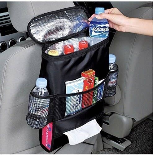 organizer with thermal inside, plus three outer pockets and two drink holders and a tissue box