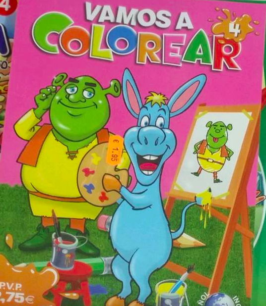 And this Spanish coloring book certain reminds us of another famous ogre-donkey duo...