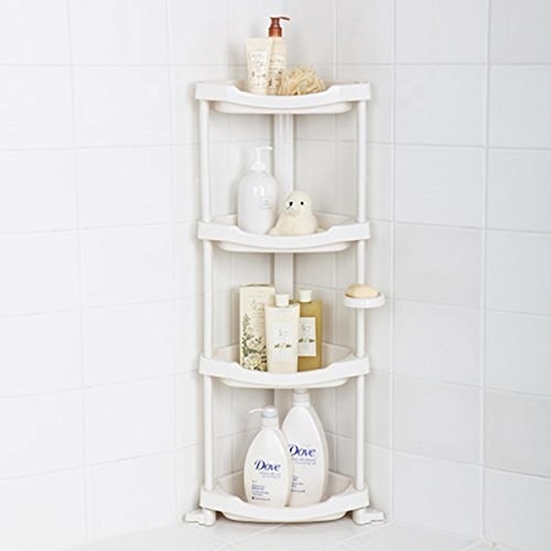 four tier shelf in corner of shower