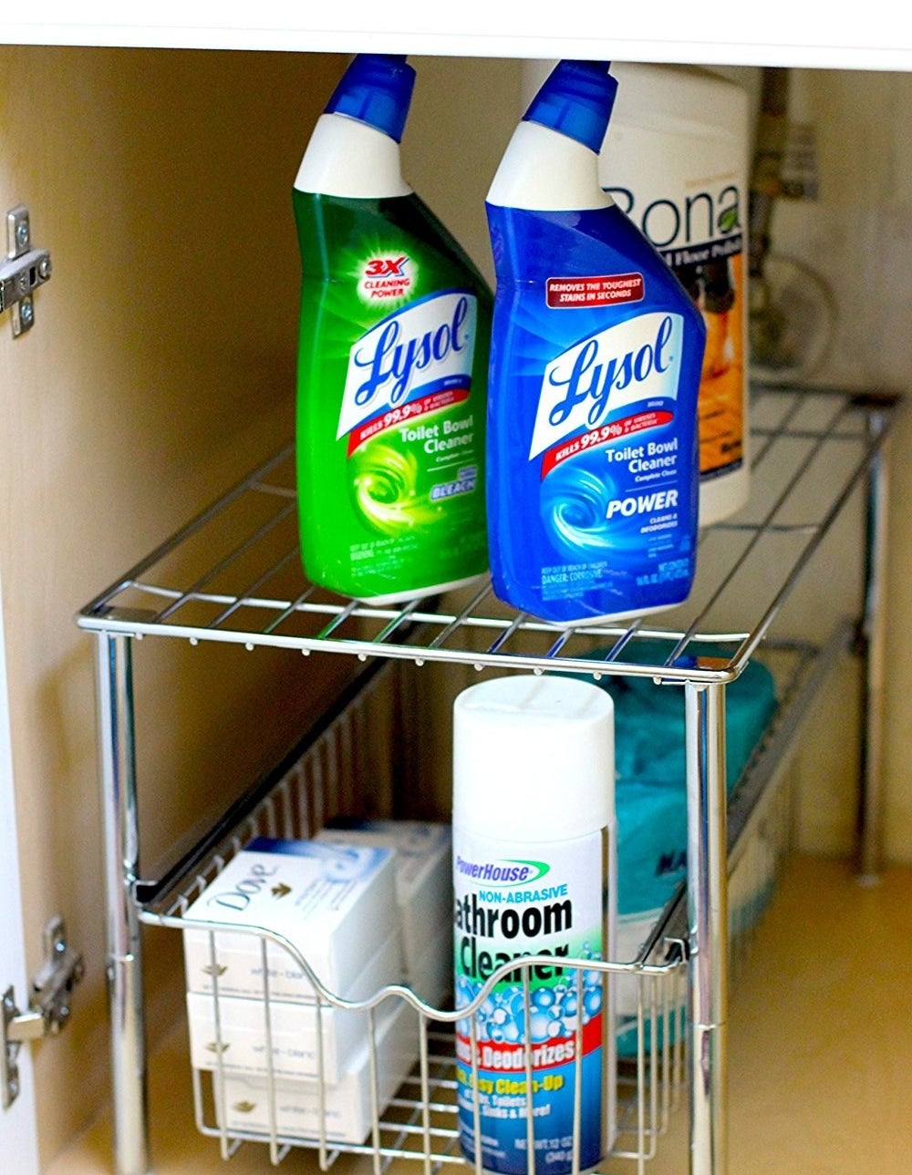 metal table with little basket under sink