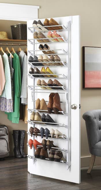 shelves on inside of door that can be altered and fit up to 36 pairs 