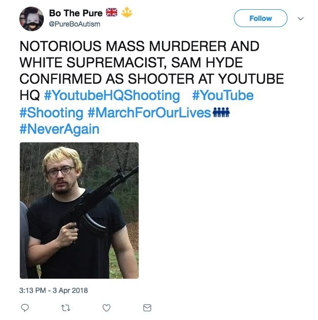 Many Twitter accounts started sharing photos of Sam Hyde, falsely accusing him of being the shooter. Hyde is a comedian who is blamed by online trolls after almost every shooting.