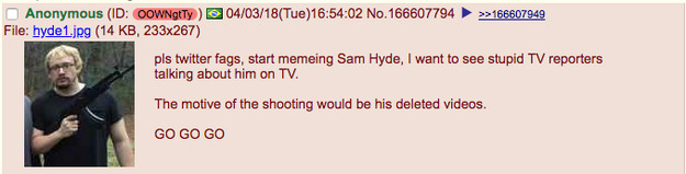 On 4chan, some users encouraged others to "start memeing Sam Hyde" to get the hoax on TV.