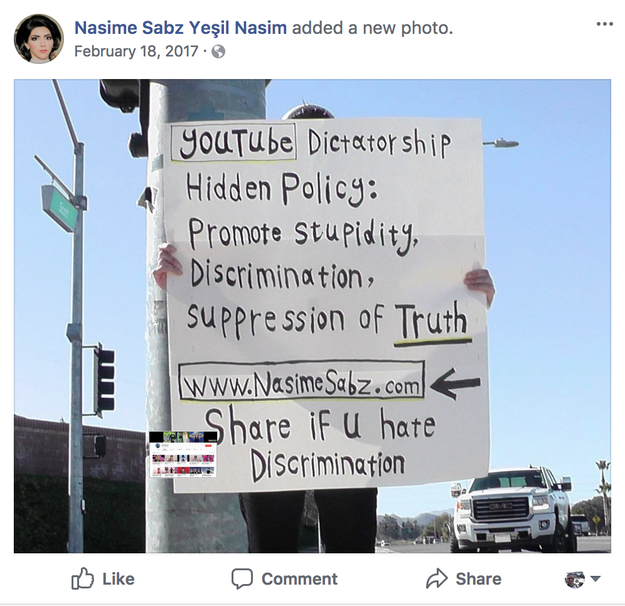 Last year, she posted a photo on Facebook of a person holding a sign calling YouTube a "dictatorship" and alleging "suppression of truth."