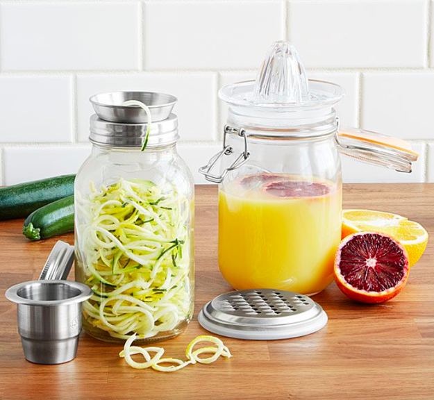 Multi-tool mason jars that consolidate spiralizing, juicing, and grating into one easy (and easily storable) contraption.