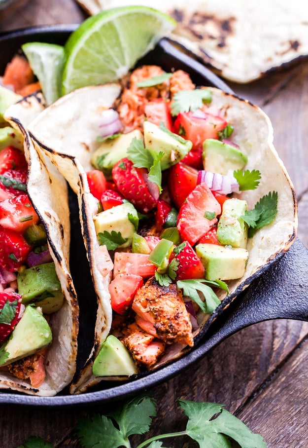 Grilled Salmon Tacos with Strawberry Avocado Slaw