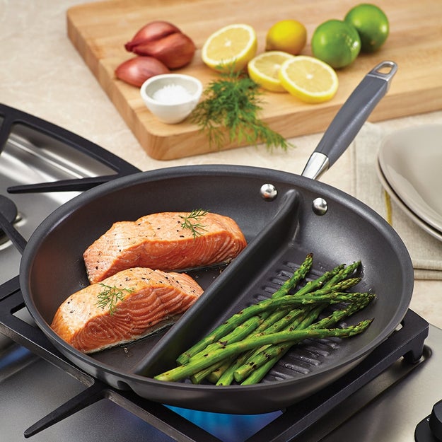 A two-in-one grill and griddle pan, so you can cut corners and cook two parts of the meal at once while keeping them separate.