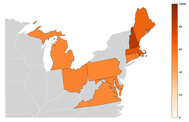 States where 50%+ of cocaine-related deaths also involved synthetic opioids such as fentanyl in 2016