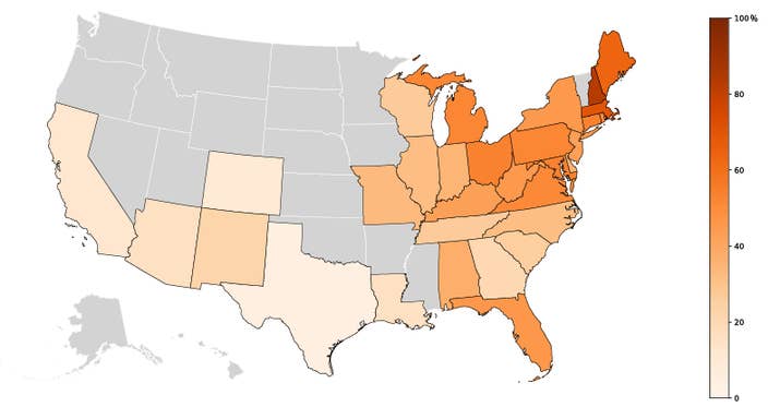 In grayed states, medical examiners reported fewer than 20 deaths that involved both cocaine and fentanyl. The CDC suppresses rates in these states for accuracy and privacy issues.