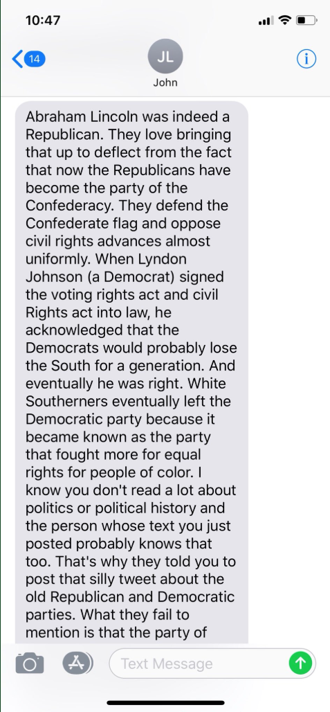 West learned that while it's true that Lincoln was a Republican and was responsible for the amendments that freed slaves, it was Democrat Lyndon B. Johnson who passed the Civil Rights Act, ending segregation and pushing African Americans and white Southerners to swap political parties.