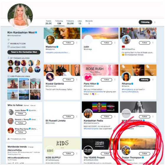 You see, after the cheating allegations first broke, I double-checked all of the Kardashian/Jenners' social media accounts to see whether they were still following him. Kim was – here's her following page with his profile visible.