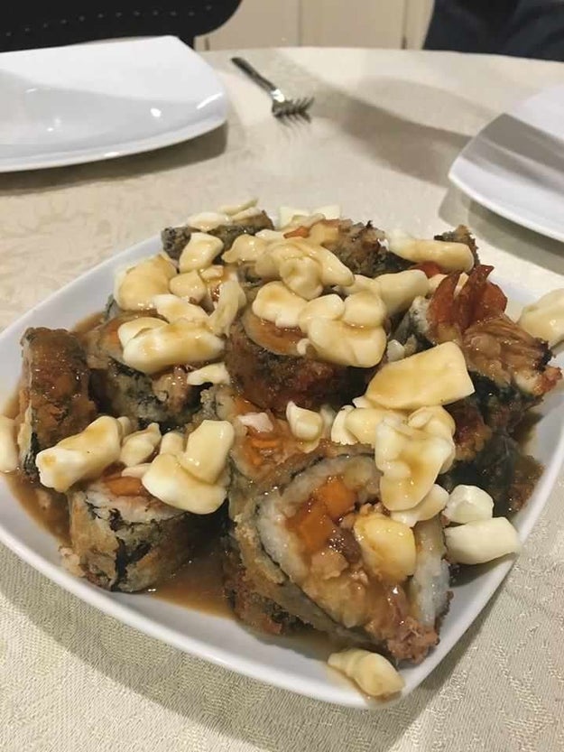 Or this poutine dish, using sushi instead of fries.