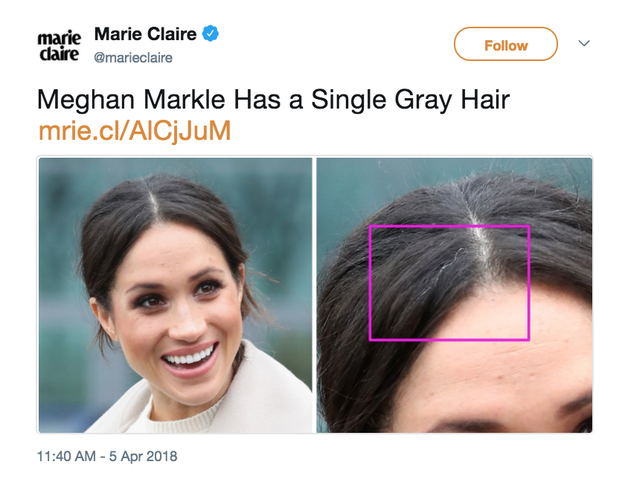 People are dragging Marie Claire after the women's mag posted an article pointing out that Meghan Markle, current and future queen*, has "a single gray hair."