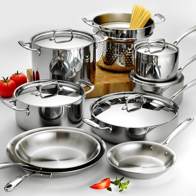 If you're ready to invest in a full set, remember to season your cookware before you use it; so once you drop big bucks on a tri-ply 14-piece stainless steel cookware set like this, it will last forever.