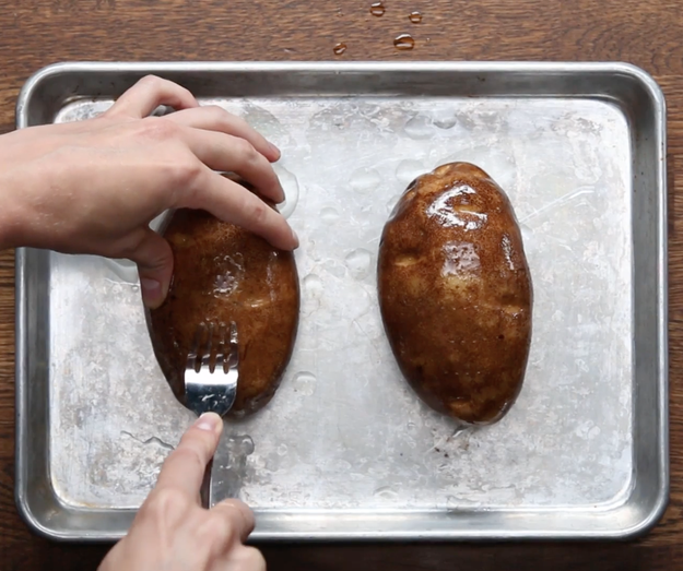 When oven-baking whole potatoes, prick them a few times with a fork first.