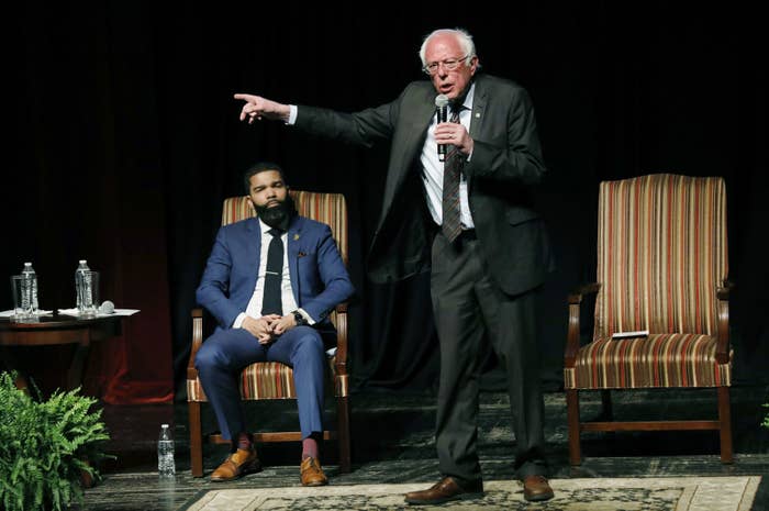 Jackson Mayor Chokwe Antar Lumumba onstage with Sanders Wednesday night.