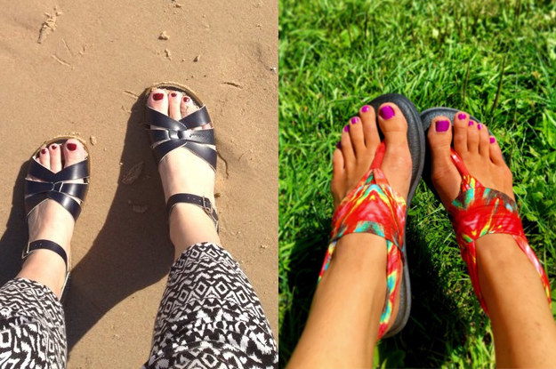 Or if you're inspired at this very moment, get the Saltwater sandals on the left from Modcloth for $45 (5 colors available, UK sizes 4-9, which translates to US sizes 6-11) and the yoga slings on the right from Amazon for $13.39+ (18 colors, size availability varies depending on the color) or from Sanuk for $38 (whole sizes 5-11, many colors and prints available).