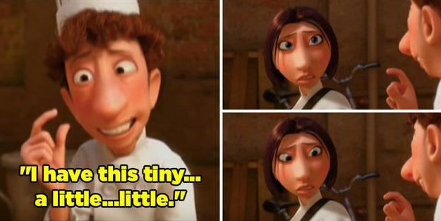 Collette's worried glance at Linguini's nether regions in Ratatouille: