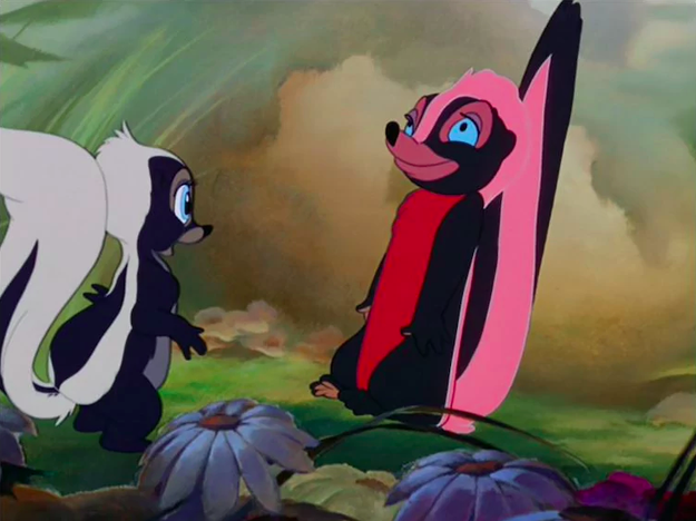 Flower's full-body erection after kissing another skunk in Bambi: