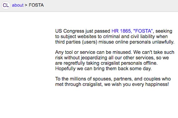 Craigslist Just Took Personal Ads Offline After Congress Passed An Anti-Sex Trafficking Bill