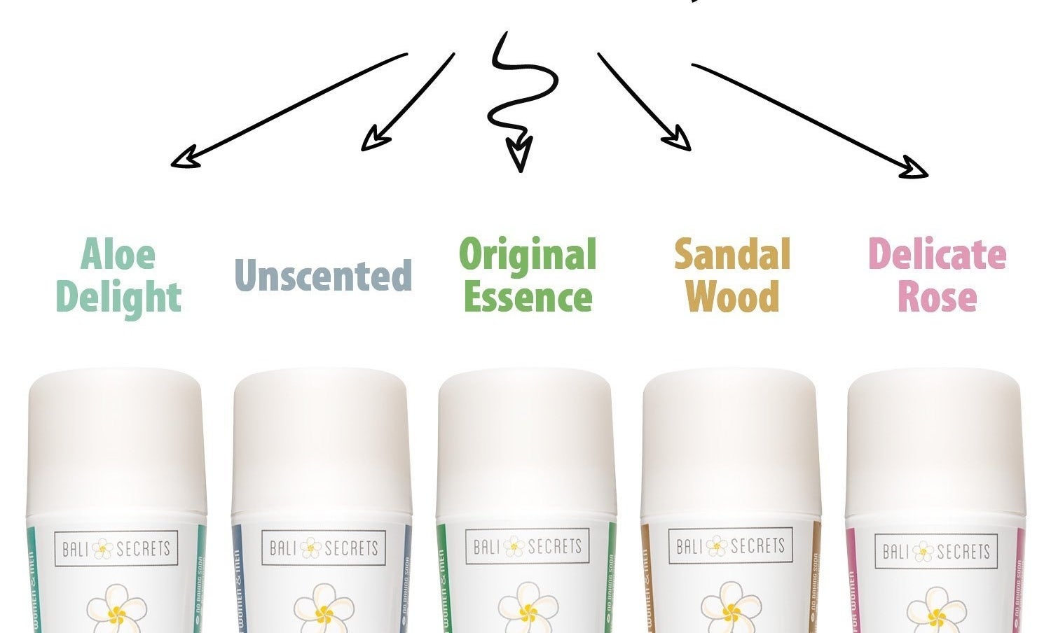 five bottles of deodorant in different scents