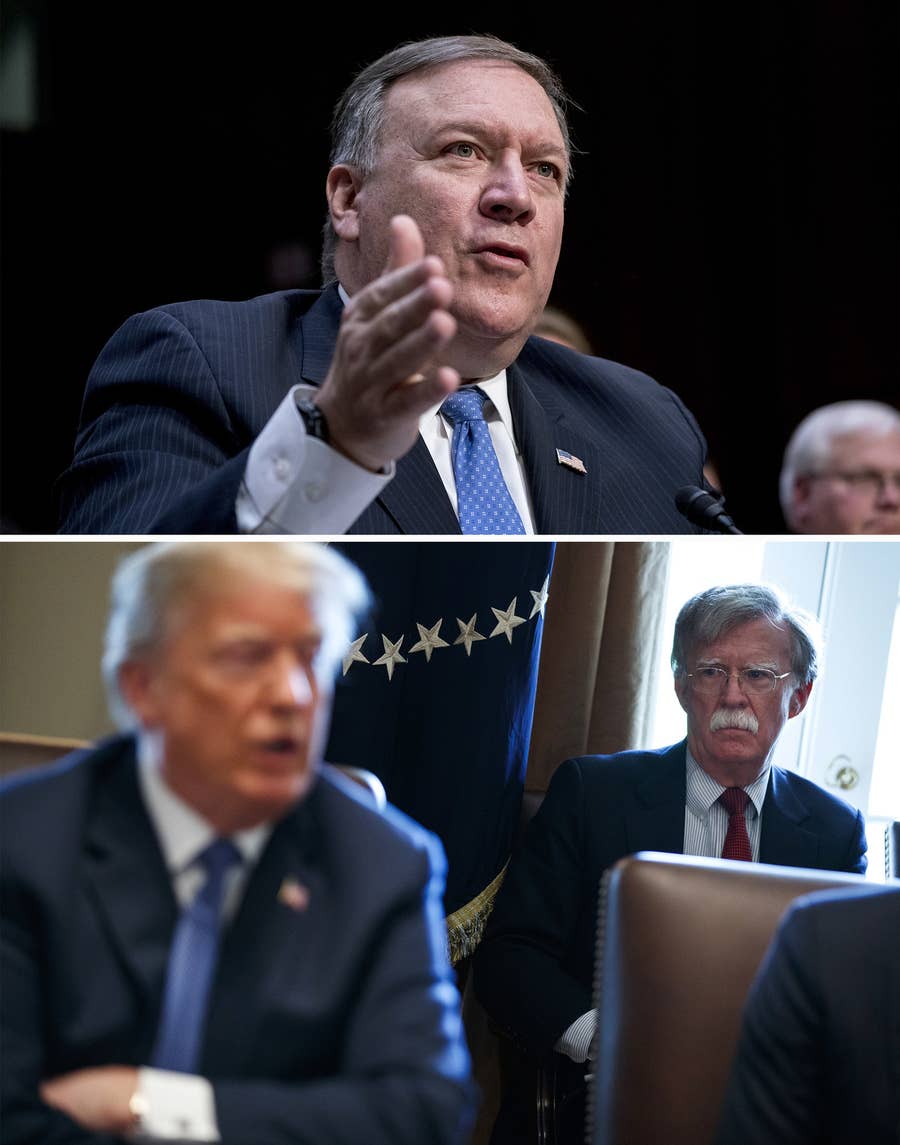 Secretary of state nominee Mike Pompeo; national security adviser John Bolton at a cabinet meeting.