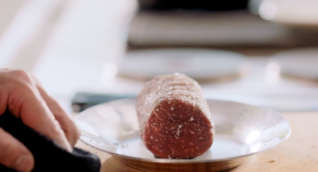 When seasoning a fillet of beef (for a Beef Wellington), be firm with the meat.