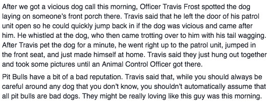 According to the police department's Facebook post, Officer Travis Frost spotted the presumed pit bull mix sitting on someone's front porch. Anticipating that the dog may charge and attack, Officer Frost left his car door open so he could jump back in if need be. But instead, the ~vicious animal~ trotted up to him, tail wagging, and saw the open car door as an invitation for the sits.