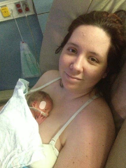 "This is the first time I got to hold my little girl. She was 11 weeks early and this pic was taken almost 36 hours after she was born. This was after an emergency C-section due to preeclampsia. I had been on magnesium since nine a.m. the previous day and keeping my eyes open was a struggle. I felt like death."—mrsnecrosaro420