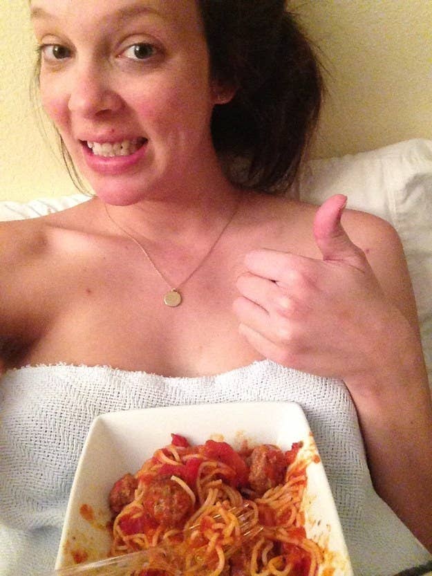 "My midwife wanted me to eat a meal before I left the birth center, so I had spaghetti and meatballs at five a.m."—kellyn4180f356c