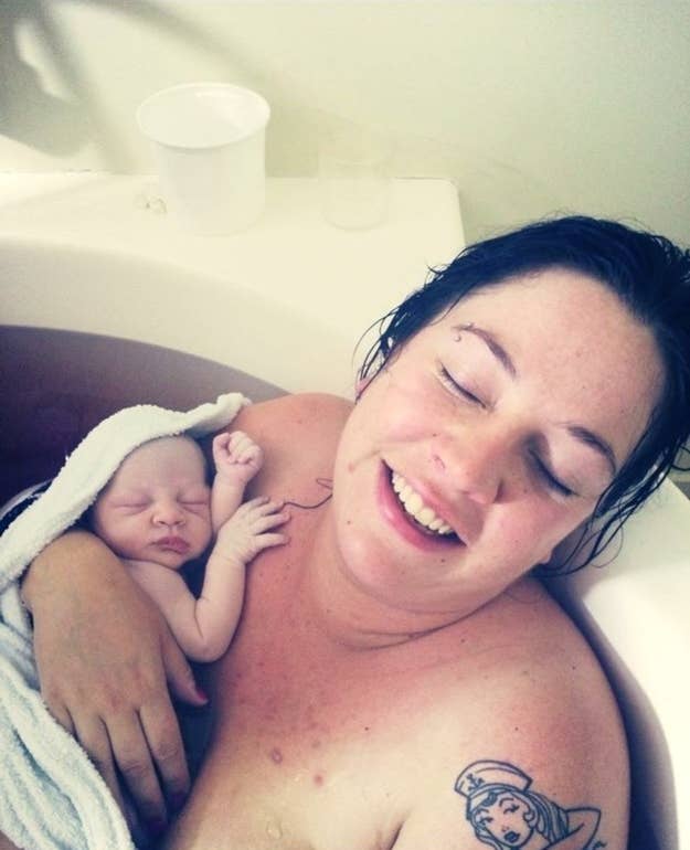 "This is me with my middle child about 20 seconds old. I said, 'Did I poo in the pool?'" —pinkdeedle