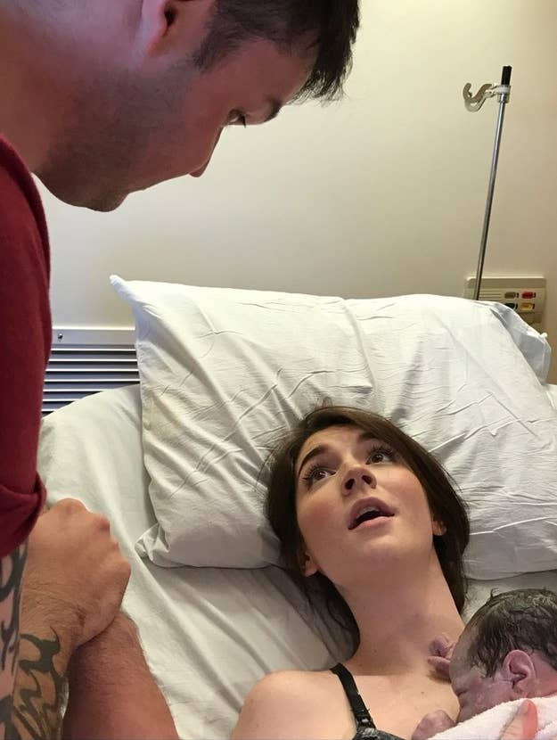 "This was taken seconds after squeezing my daughter – in utter disbelief that I did it unmedicated and didn’t actually die (because I definitely thought I was dying)."—fallaend