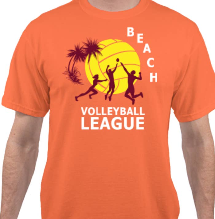 Model wearing an orange beach volleyball league shirt