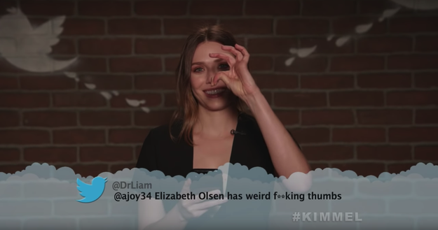 Here's Elizabeth Olsen, aka Scarlet Witch, showing off her weird fucking thumbs.