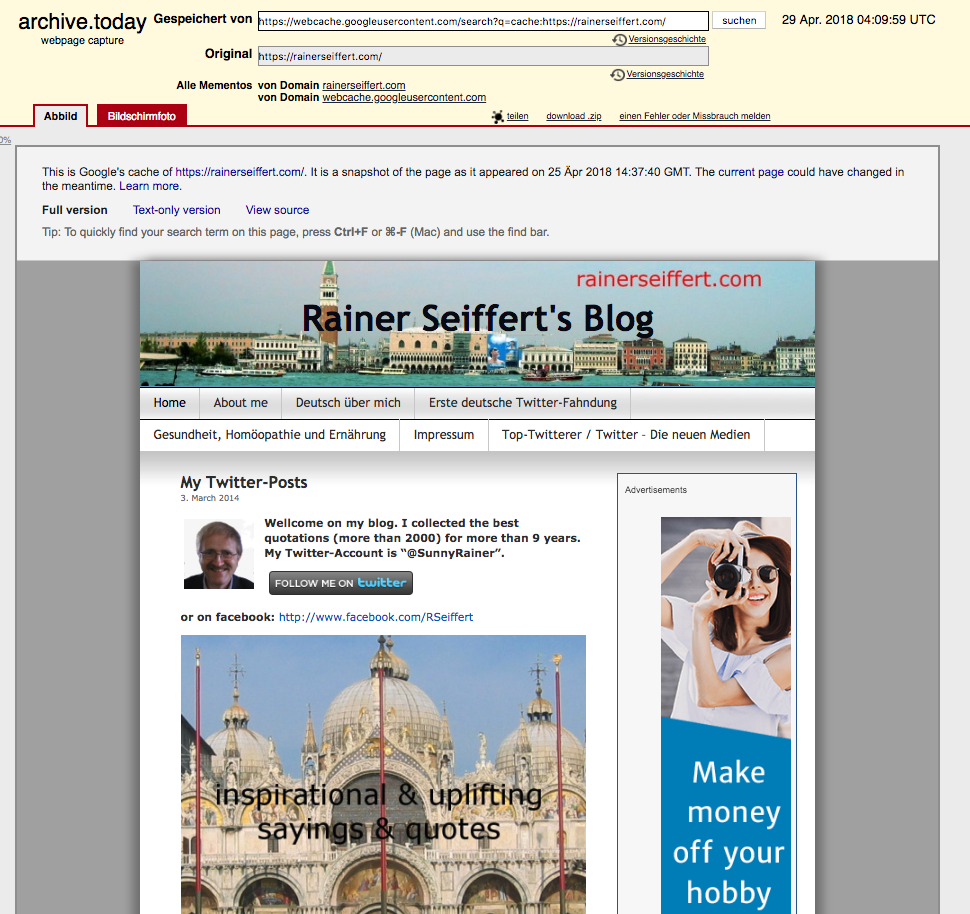 Es gibt mehrere interessante alte Blog-Artikel von Rainer Seiffert. In einem Blog-Artikel zum Thema „Gesundheit“ schreibt er zum Beispiel, dass die Homöopathie angeblich auch in der Krebsforschung helfen könne (Bitte nicht ausprobieren, Danke). In einem anderen Artikel schreibt er über erfolgreiches Twitter-Marketing und darüber, dass er Erfahrung mit dem Erstellen von Twitter-Bots hat.