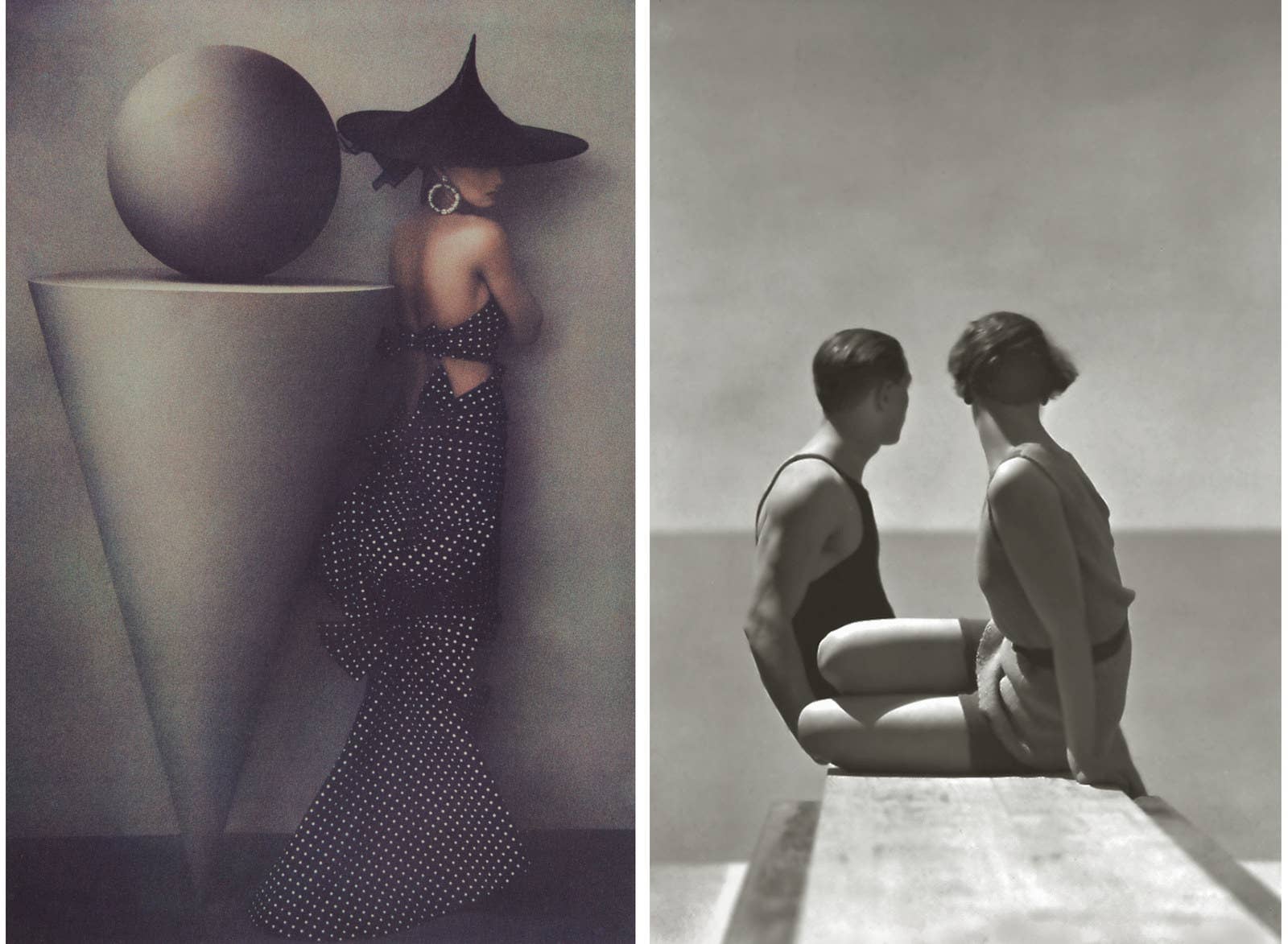 Left: &quot;Uma in Dress by Patou,&quot; 1986. Right: &quot;Bathing Suits by Izod,&quot; Paris, 1930.