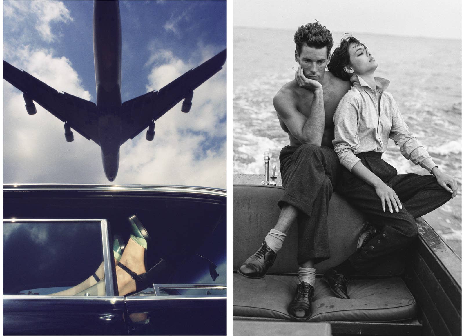 Left: &quot;Untitled, for Charles Jourdan,&quot; 1977. Right: &quot;Bruce Hulse and Talisa Soto for British Vogue,&quot; Bellport, New York, 1982.