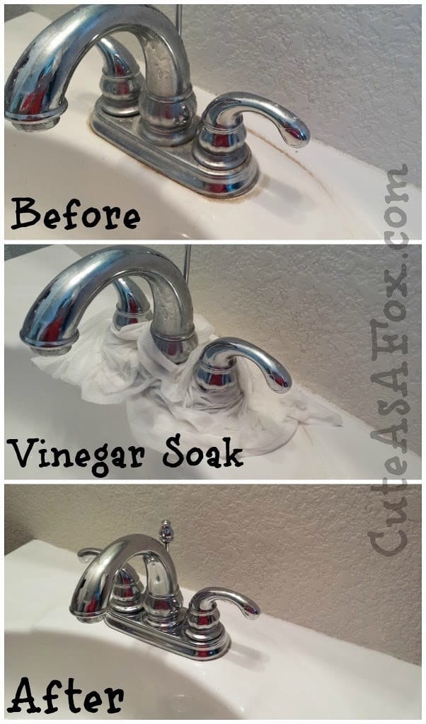 blogger&#x27;s faucet before, looking grimy; then wrapped with vinegar paper towels; then after, looking shiny and clean