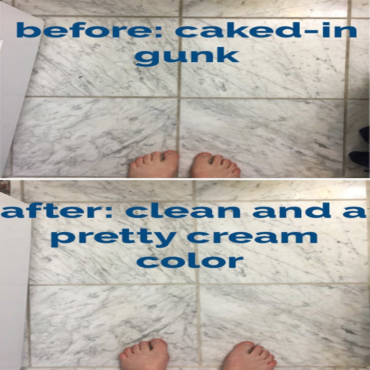 my bathroom grout before, grey and gunky, and after, a nice light cream